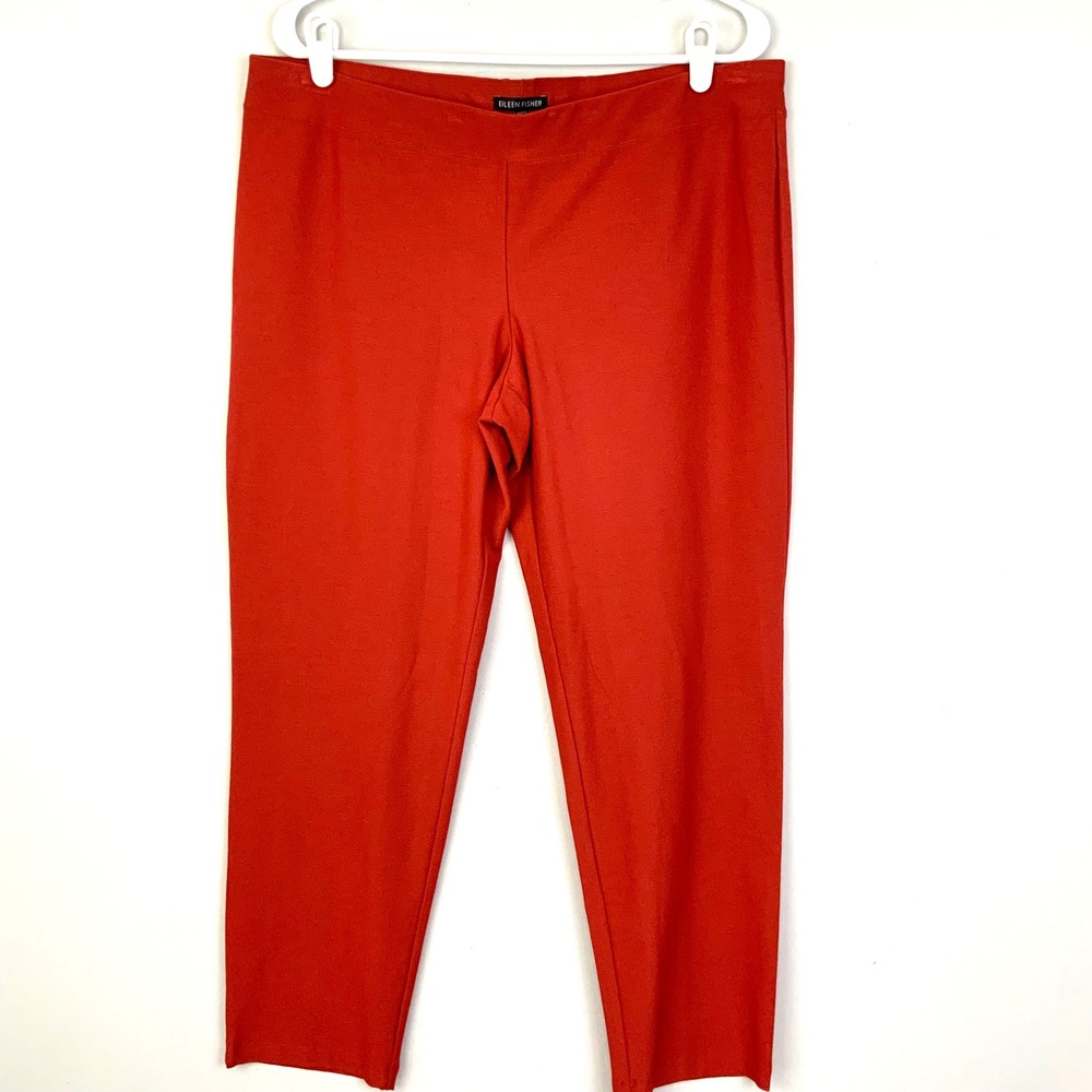 Eileen Fisher Large Rust Red Washable Stretch Crepe Straight Leg Pull On Pants